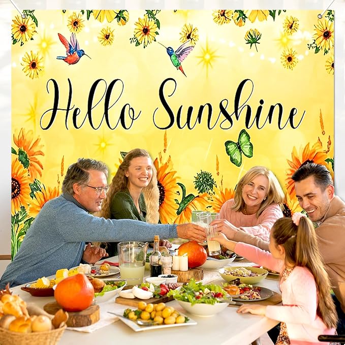 BlissYard Hello Sunshine Backdrop Decoration Sunflower Floral Banner 8x6ft Summer Spring Photo Backdrop Yellow Flower Background for Garden Party Photo Booth Seasonal Event Wall Display