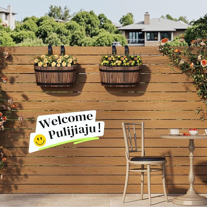 Railing Planters for Outdoor Plants Balcony Hanging Flower Pots with Detachable Hooks, Window Flower Box Hanging Bucket Pots Fence Planters for Garden Home Decor (Carbonized-2pack, Small)