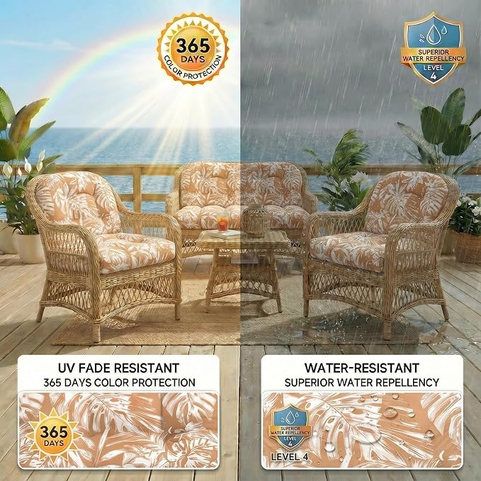 1 MIDDLE ONE Wicker Chair Cushions 3 Pieces Set for Outdoor Furniture, Replacement Patio Wicker Furniture Cushions, 1Pc Loveseat Cushion & 2Pcs Chair Cushions (Tan Monstera)