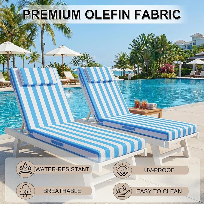 Outdoor Chaise Lounge Cushions, 72x21 Inch Olefin Water & Fade Resistant Pool Lounge Chair Cushions, Patio Sun Lounger Pad with Pillow & Straps for Patio, Pool, Deck, Lawn, Blue White Stripes