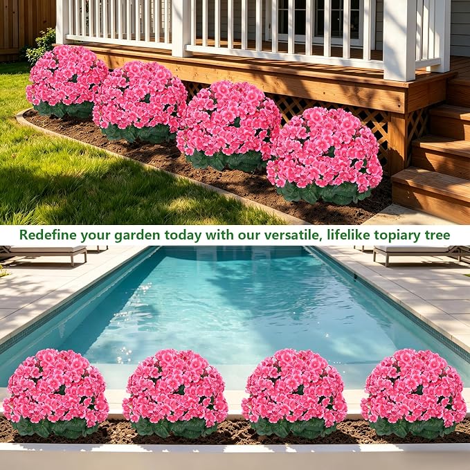 Grooy Artificial Plants Flowers Topiary Ball for Outdoor, 2 Pack Fake Silk Crabapple Flower Plant Bushes, UV Resistant Realistic Plants Shurbs for Outside,Front Porch,Patio,Yard(Pink)