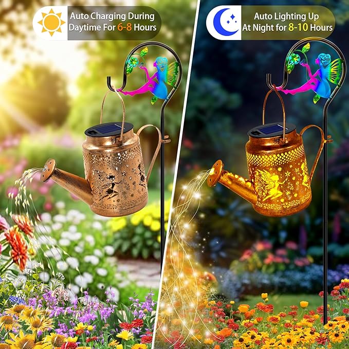 Solar Lanterns Outdoor Waterproof, Gifts for Mom Grandma Women Wife Daughter Mother's Day, Fairy Watering Can Garden Decor with Shepherd Hook, Hanging Solar Lights Yard Art Outside Patio Path Decor
