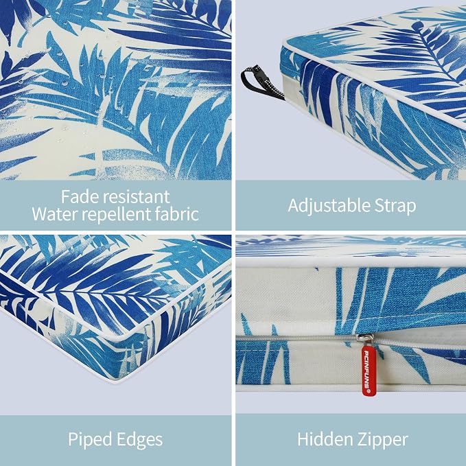Patio Chair Cushions 22x22 Inch, Water Repellent Outdoor Seat Cushions with Adjustable Straps, Fade Resistant Replacement Cushions for Garden Deck Sofa Couch, Set of 2, Blue Leaf