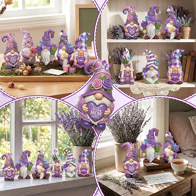 Simgoing 6 Pcs Mother's Day Gnomes Resin Purple Lavender Figurines Best Mom Ever Lavender Gnomes Statues Table Decor Gift for Mom Spring Home Tabletop Centerpieces Mothers Day Tiered Tray Decoration
