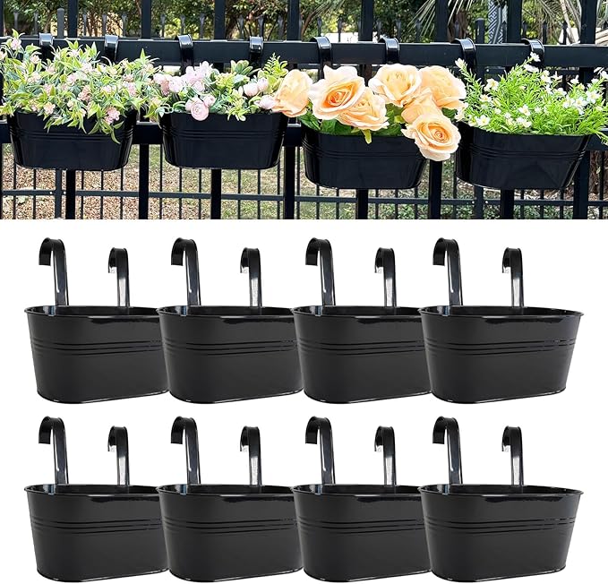12" Balcony Railing Planters, Outdoor Hanging Planter for Fence, Stylish Metal Porch Deck Flower Pot for Herbs & Succulents (Black, Pack of 8)