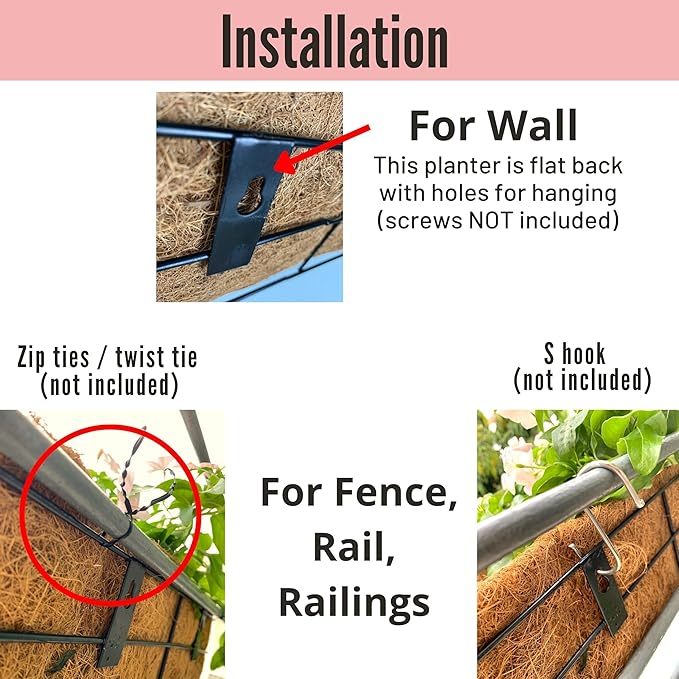 LaLaGreen Outdoor Wall Planters - 2 Pack, 30 Inch Deck Railing Hanging Pot, Over the Rail Window Flower Boxes Black Plant Basket Attach to House with Coco Liner Metal Fence Balcony Patio Porch