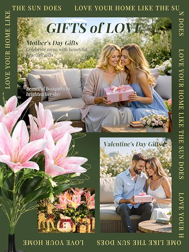 GIGALUMI Solar Garden Lights, 2 Pack LED Lily Garden Decor Carefree Solar Flowers Outdoor Waterproof, Yard Decorations Outdoor, Allergy-Free Light up Flowers for Yard Patio (1White,1Pink)