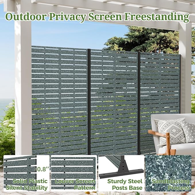 Privacy Screen Outdoor 60" Hx35 W Freestanding Privacy Panel with Stand, HDPE Decorative Privacy Fence with Louver Pattern 5 Panels, Patio Divider Screen, Privacy Screens for Outside