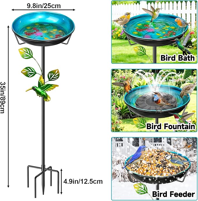 Metal Bird Bath for Outside, Vintage Birdbaths Removable Feeder Bowl with Butterfly Flower, Easy to Clean Birdfeeder for Outdoors Garden Yard Lawn Decor (Blue)