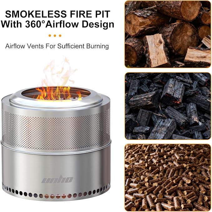 unho 20 Inch smokeless firepit for Outside Wood Burning Stove, Stainless Steel Outdoor Portable Fire Pit for Backyard, Patio, Garden, Picnic