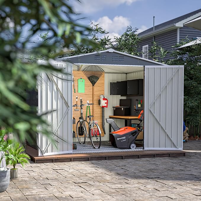 YOPTO 8 x 6 FT Outdoor Storage Shed with Floor Frame,Utility Metal Tool Storage with Lockable Doors,Air Vents & Waterproof Roof, Large Garden Shed for Backyard, Patio Lawn,Gray