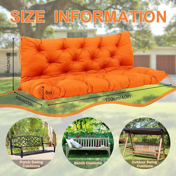 Premium 5" Thick Waterproof Outdoor Swing Cushions Sturdy Durable 2 Seat Replacement Porch Swing Cushions with Backrest&Ties Bench Cushion for Outdoor Furniture Backyard Patio (Orange)
