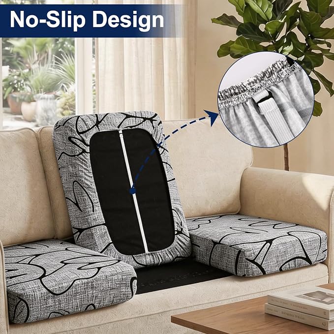 Smiry Waterproof Patio Cushion Covers, Stretch Outdoor Couch Slipcovers Replacement Washable Furniture Protector Sofa Chair Seat Cover for Dogs and Pets (12 Pcs, Grey and Black)