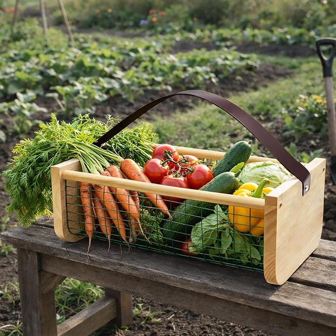 Garden Hod Harvest Basket, 16 x 10 x 7in Gardening Harvest Baskets with Leather Handle, Solid Wood with PVC Wire Mesh, Garden Baskets for Gathering Vegetables