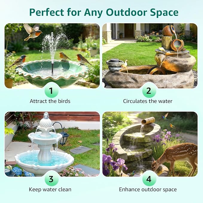 Solar Fountain Pump for Bird Bath, 4W Solar Water Fountain with 5 Spray Modes & 4ft Hose, 9.8ft Power Cord, Dry-Run Protection & Low Noise for Garden Small Pond Fish Tank DIY Water Feature