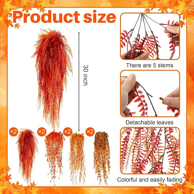 Thiccywoov 32 Bundles Artificial Fall Flowers Plants for Outdoors 16 Styles Autumn Decor, Fake Faux Flowers UV Resistant Orange Mums Violet Fern for Fall Thanksgiving Home Porch Window Box Decor