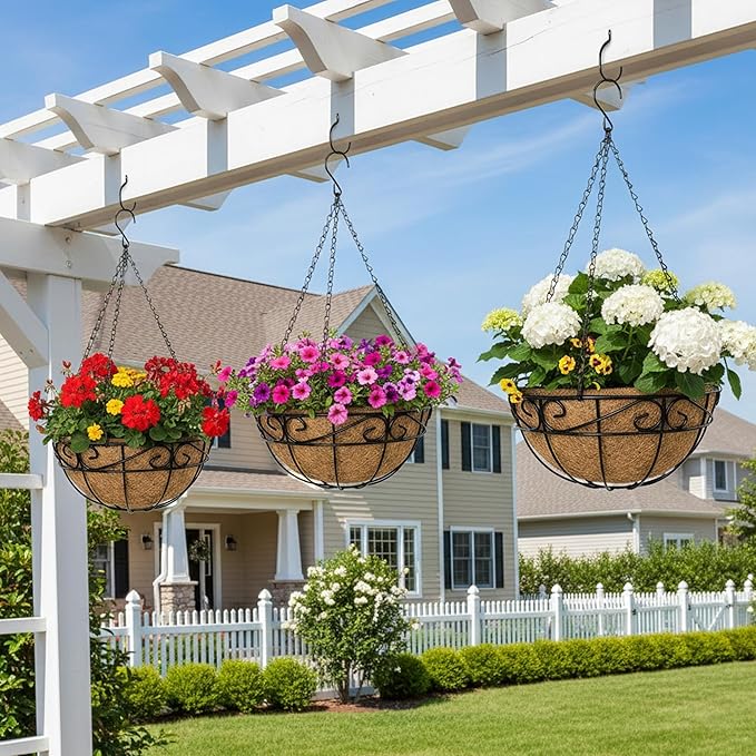 EIMQUVW Outdoor Metal Hanging Planters Basket (2pack, 12 inch) Hanging Baskets for Plants Chain Round Wire Plant Holder with Coco Fiber Liners for Garden, Patio, Deck, Porch(Flower Border)