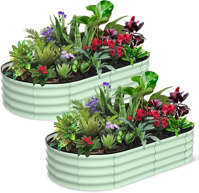 GarveeLife 2 Pcs 6x3x1 ft Oval Raised Garden Bed, Galvanized Raised Beds,Open-Ended Base Metal Raised Planter Beds,Garden Bed Outdoor,Planter Raised Boxes for Vegetables, Flowers,Tool-Free Asse,Green