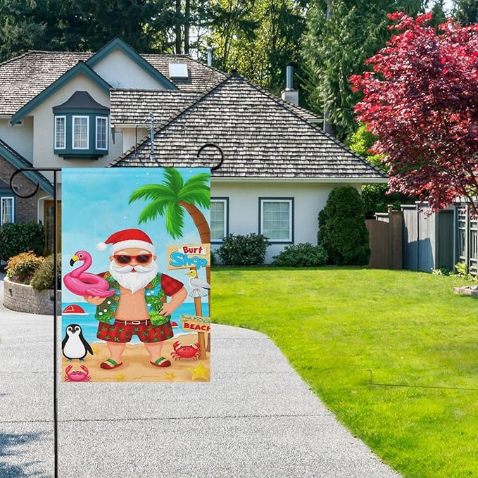 Christmas Beach Santa Claus House Flag 28x40 Inch Double Sided Outside Winter Penguin Flamingo Xmas Seasonal Yard Outdoor Flag Banner for Garden Lawn Patio Holiday Decorations