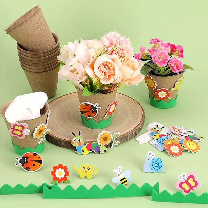 Ayfjovs Garden Paper Pot Craft Kit, 55 Pack Flower Plant Spring Craft for Kids with 200 PCS Adhesive Foam Stickers and 55 PCS Plastic Plant Labels for Kids Craft, Classroom Decor, Mother's Day