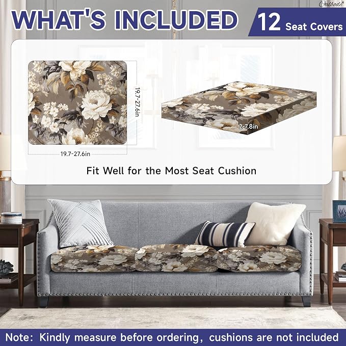 CALBODE 12 Pcs Stretch Outdoor Seat Cushion Covers, Washable Chair Seat Cover for Patio Furniture Cushions Soft Indoor and Outdoor Couch Cover Replacement (Brown Blooms, Cover Only)