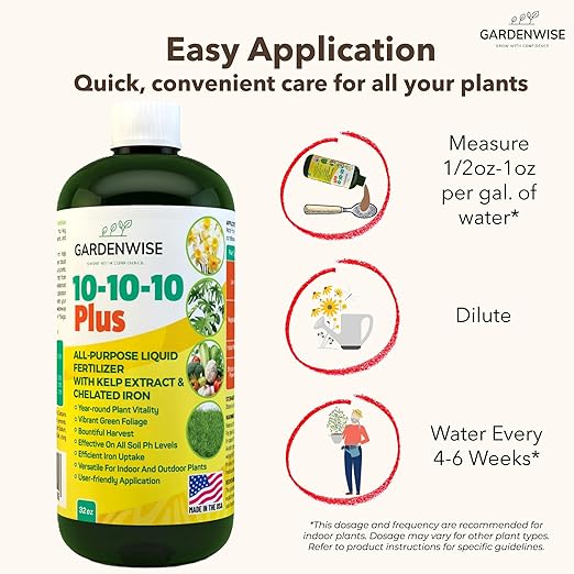GARDENWISE 10-10-10 All Purpose Plant Food - Liquid Fertilizer with Seaweed Kelp & Iron - Indoor & Outdoor Plant Food, Vegetables, Flowers, Lawn & Garden 1x16 oz