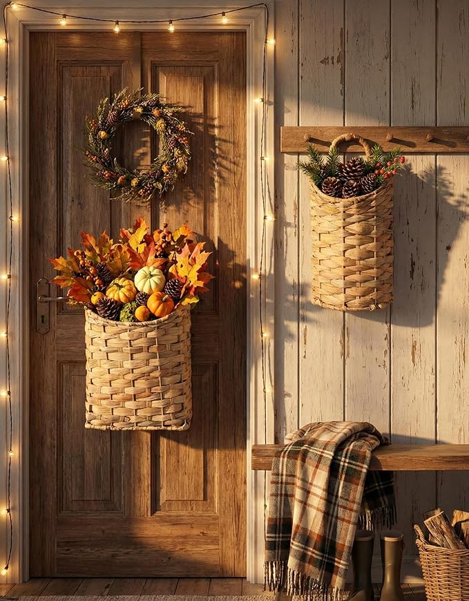 AceList Woven Hanging Basket for Front Door Set of 2, Built-in Iron Frame Handmade Water Hyacinth Wall Mounted Organizer, Natural Wicker Storage for Mail Flowers, Boho Farmhouse Decor for Home
