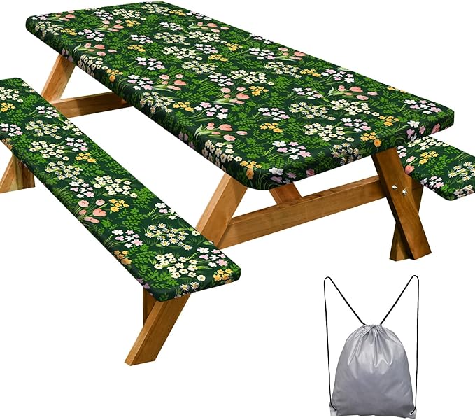 Play Tailor Picnic Table Cover with Bench Covers Camping Essentials Waterproof Windproof Camping Tablecloth with Drawstring Bag, Fitted Rectangle Tables and Seats, 72in, Green Pink