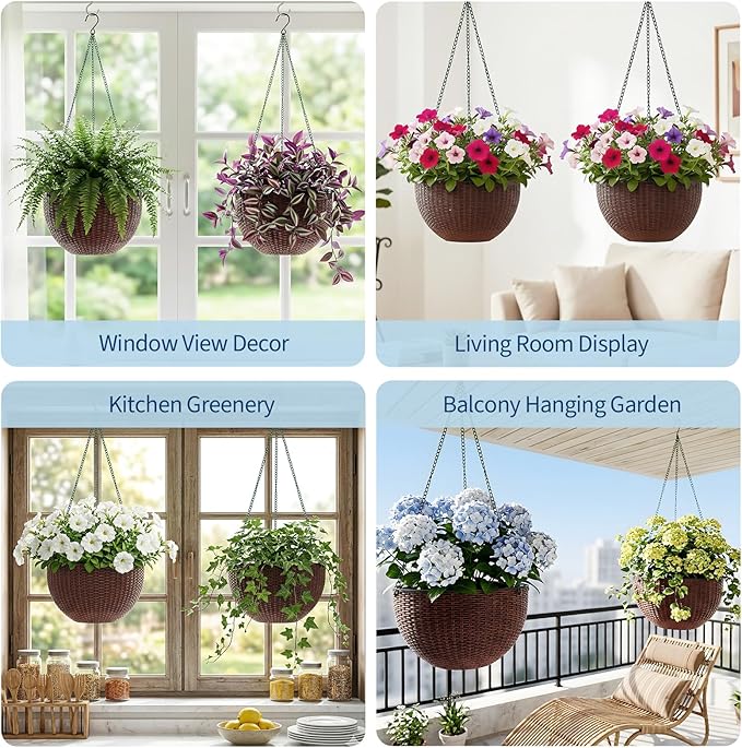 13.8 Inch Self Watering Hanging Planter, 4PCS Round Resin Hanging Basket for Indoor Outdoor Plants, Rattan Look Flower Pot with Drainage Plug, Deep Inner Pot and Sturdy Metal Triple-Chain Hanger