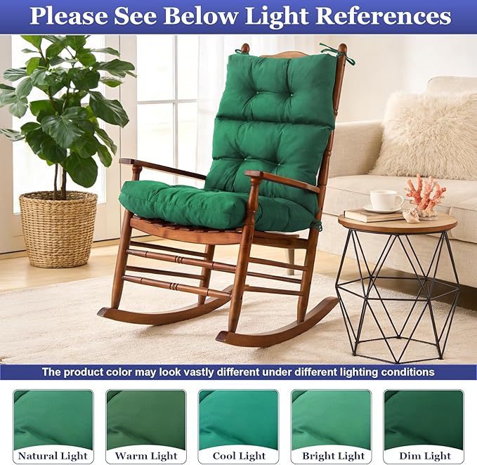 Rocking Chair Cushion, Waterproof and Fade-Resistant Adirondack Rocker Cushions, Indoor/Outdoor Rocking Chair Pads, High Back Memory Foam Patio Furniture Cushions with Ties, 44x23x4 Inch, Dark Green