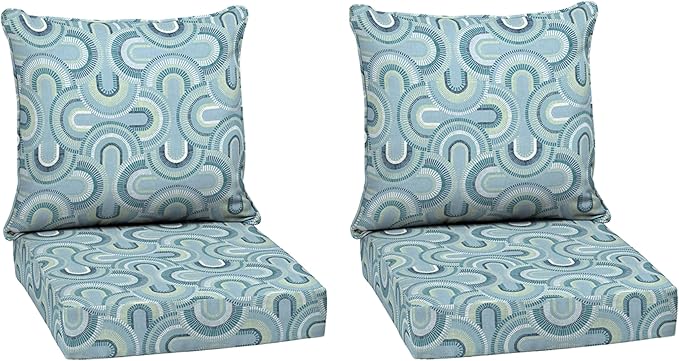 Arden Outdoor Deep Seat Cushion Set (2-Pack), 24 in x 24 in, Weather-Proof, Rain-Proof, Fade Resistant Patio Cushion for Chair, Sofa, and Couch Coastal Blue Geometric