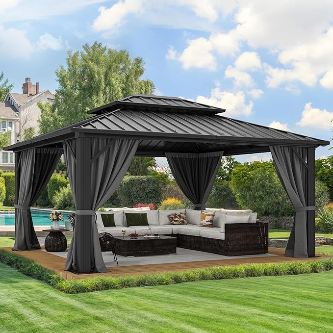 YITAHOME 10X12FT Hard Top Metal Gazebo Patios Double Roof Canopy Aluminum Frame Garden Gazebo Tent Curtains Netting for Patios Backyards Decks Lawns Gray