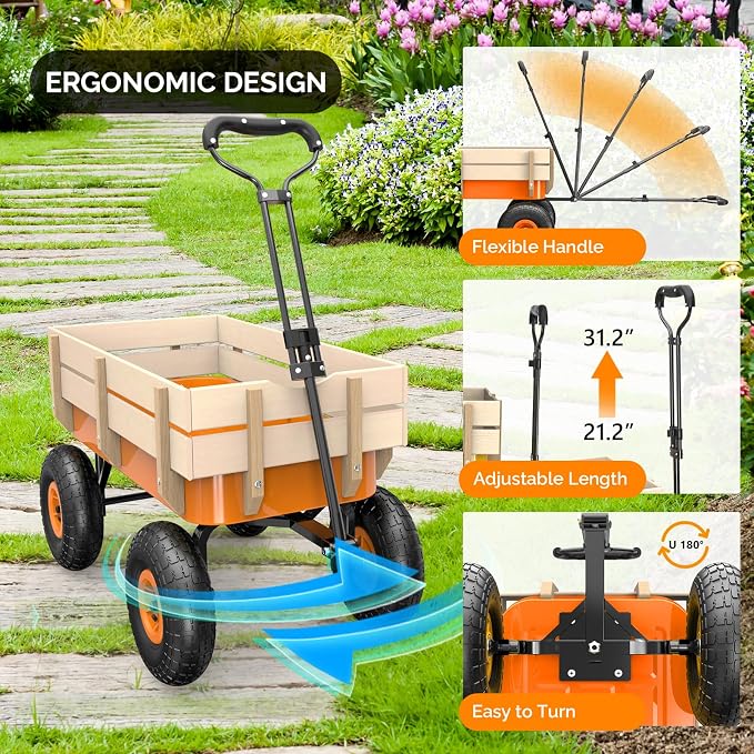 VINGLI Wagon Cart, Steel Frame and Wood Coated Railing, 330lbs All Terrain Wagon 9.2in Tires for Garden and Outdoor (Orange)