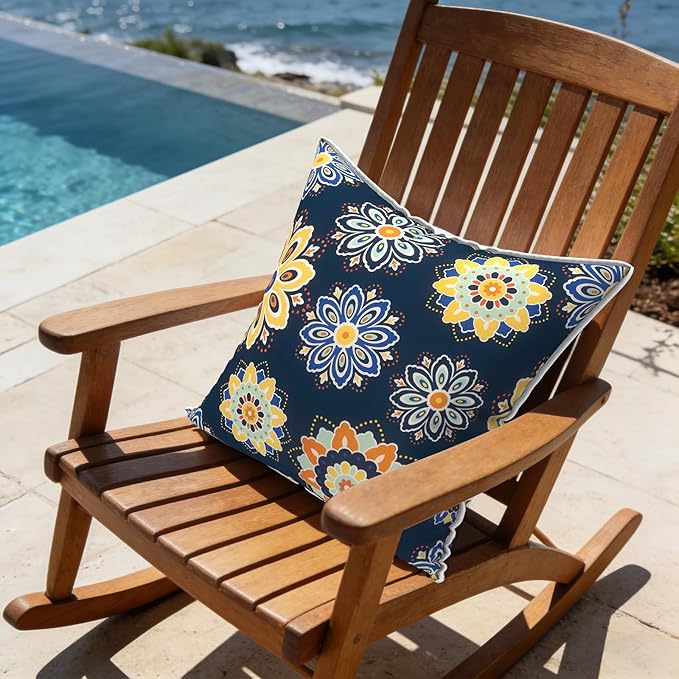 LVTXIII Outdoor Throw Pillows 18x18 Patio Waterproof Square Pillows with Piping Fade Resistant Accent Pillow for Spring Summer Garden Decoration, Set of 2, Bloom Medallion‌ Cobalt