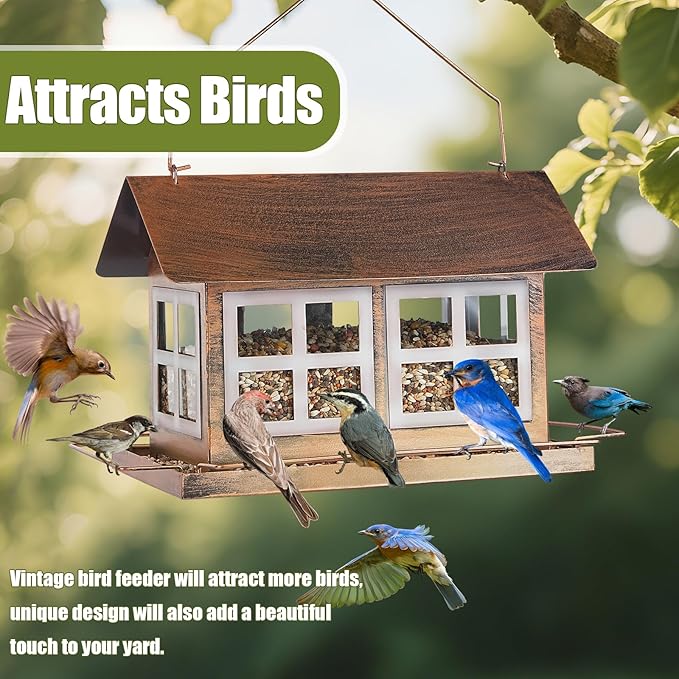 Bird Feeders, Heavy Duty Metal Bird Feeder for Outdoors Hanging, Weatherproof Large Capacity Wild Birdfeeder for Outside Garden Yard, Country House Shape (Horizontal)