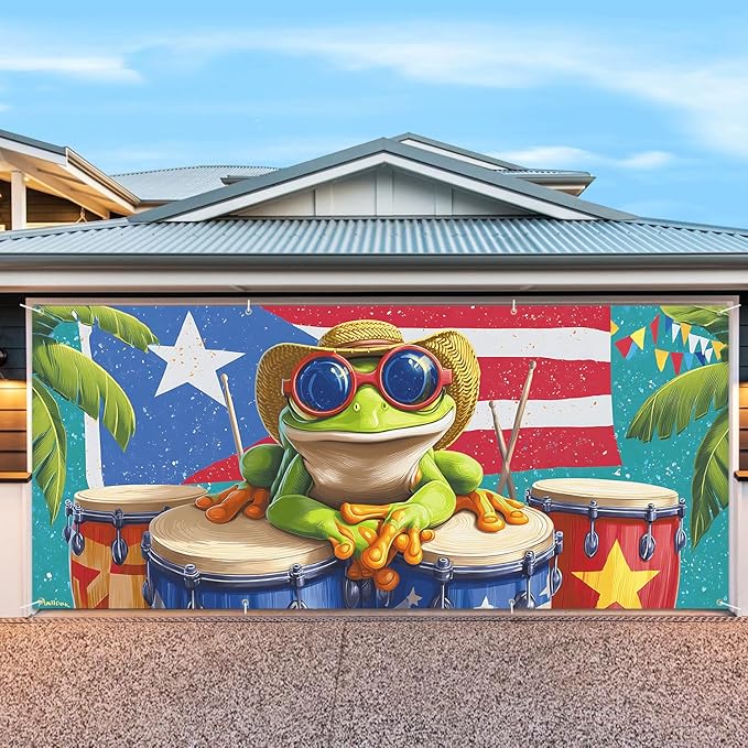 6 * 13FT Summer Puerto Rico Garage Door Cover Decorations Sunset Palm Trees Garage Door Banner for Outdoor Indoor Summer Party Photography Backdrop
