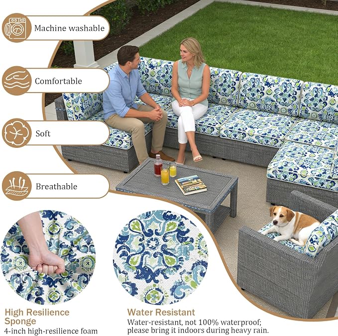 14 Piece Outdoor Furniture Replacement Cushions, Cover+Filling, 25.6" x 25.6" x 4" Foam Waterproof Outdoor Sofa Cushion Sets, Fit Wicker Rattan Sectional Conversation Set,Flowers