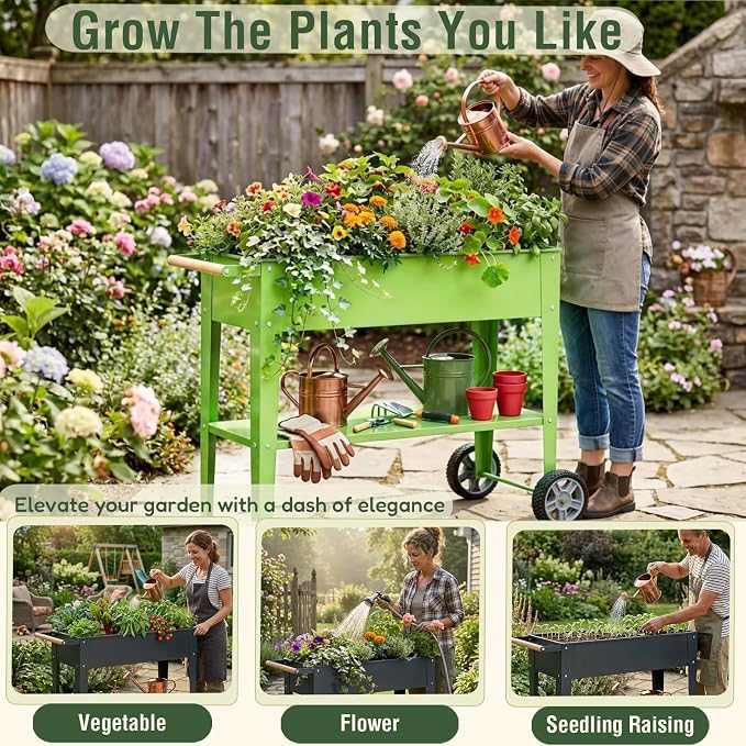 Raised Garden Bed Outdoor with Wheels, Leg and Wooden Handle, 36.2x13.4x32.3in, 400lb Cap, Metal Elevated Raised Planter Box for Herb, Vegetable, Perfect for Backyard, Balcony, Grass Green