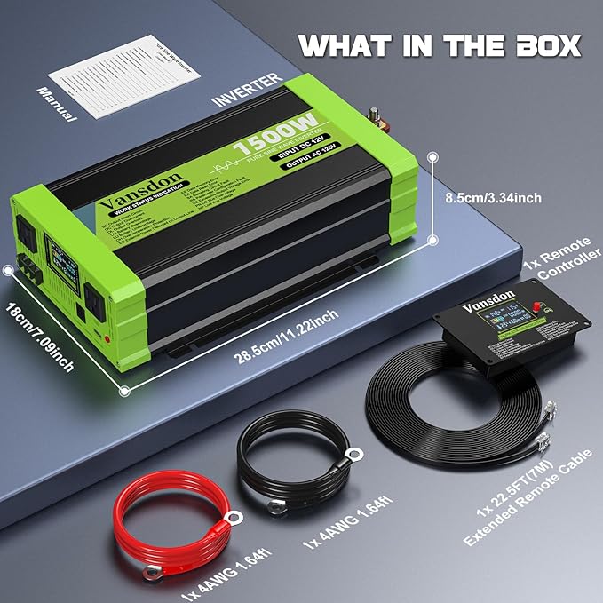 Vansdon 1500W Pure Sine Wave Inverter 12V DC to 120V AC Power Inverters for RV,Truck, Vehicles, Solar, Off-Grid, Car Power Inverter with LCD Display, 2 AC Outlet, 30W USB-C, 5V 2.1A USB, Surge 3000W