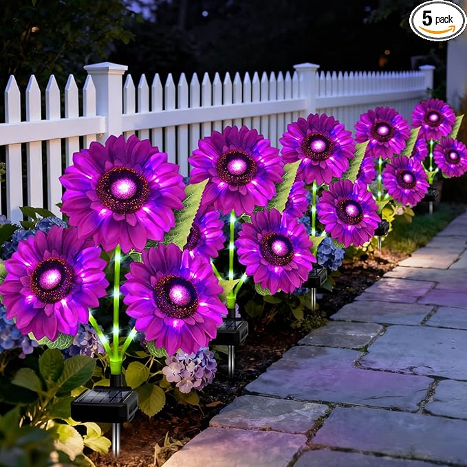 ANGMLN Solar Lights Outdoor Garden Decor, 5 Pack with 15 Purple Sunflower Lights, Solar Flowers Waterproof, Birthday Gifts for Mom Women, Outside Decorative Light for Landscape Yard Patio Lawn