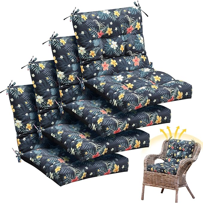 Marsui 4 Pcs Outdoor Indoor High Back Chair Cushions Patio Furniture Tufted Pillow with Ties Water-Resistant Replacement Outdoor Rocking Chair Cushions, 42 x 21 Inches (Dark Color,Plants)