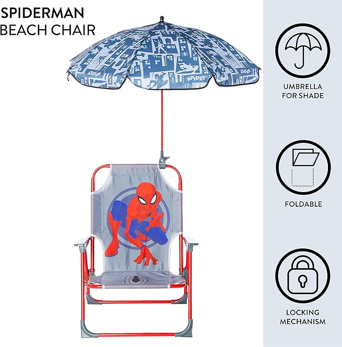 Marvel Spiderman Kids Beach Chair with Umbrella,Portable Folding Outdoor Chair with Shade,Lightweight & Durable for Ages 3+