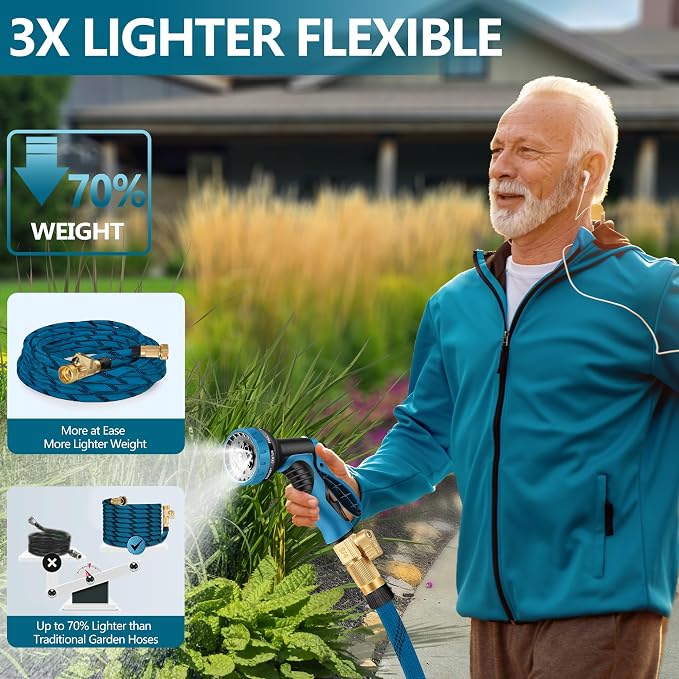 50ft Garden Hose - 2026 Ultra Lightweight Water Hoses w/10 Function Spray Nozzle and 3/4" Brass Fittings- Durable, & Flexible Water Pipe for Yard, Lawn, Outdoor & Gardening(Blue Black)