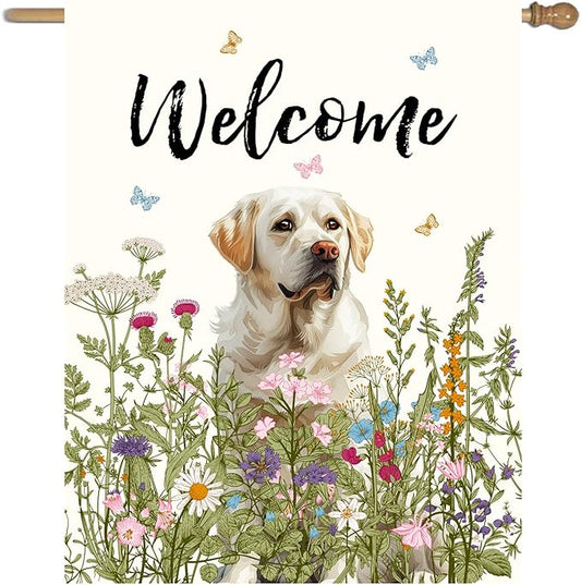Floral White Lab Garden Flag Spring Summer House Flags 28x40 Double Sided Flower Dog Labrador Yard Flags for Outside Large Outdoor Welcome Flags, p-whitelab