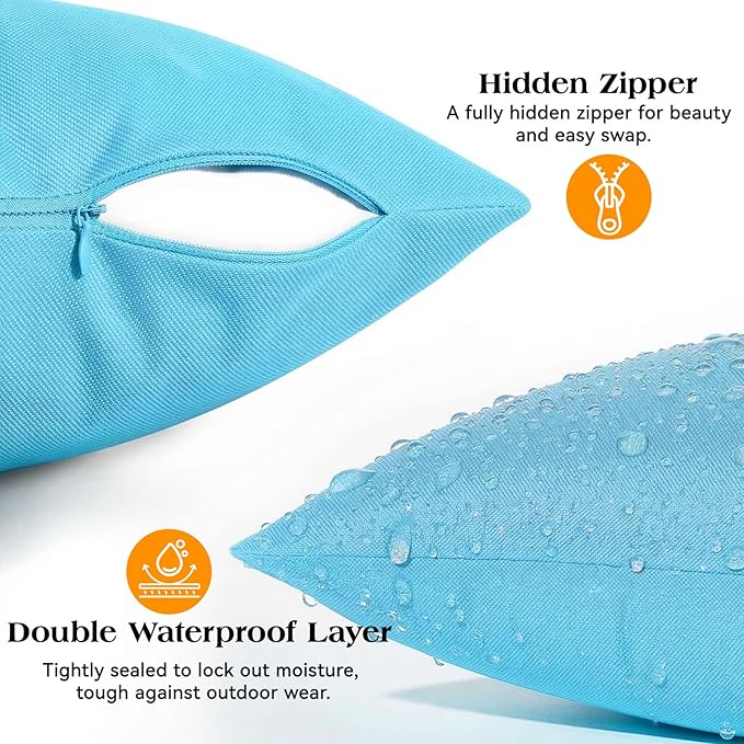 Lewondr Waterproof Outdoor Throw Pillow Cover, 2 Pack Solid PU Coating Throw Pillow Case UV Protection Garden Cushion Cover for Patio Sofa Couch Balcony 18"x18"(45x45cm), Light Blue