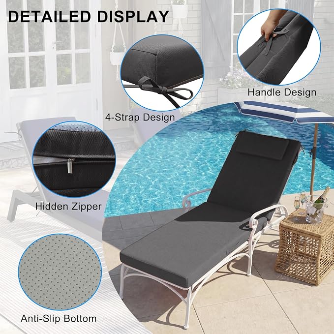 Outdoor Chaise Lounge Cushions, 72x21 Inch Olefin Water & Fade Resistant Pool Lounge Chair Cushions, Patio Sun Lounger Pad with Pillow & Straps for Patio, Pool, Deck, Lawn, Dark Gray