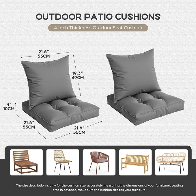 22x22 Waterproof Outdoor Chair Cushions Set of 2, Patio Cushions for Outdoor Furniture Water-Resistant & Fade-Resistant, Deep Seat & Back Cushion for Wicker Sofa (Gray)