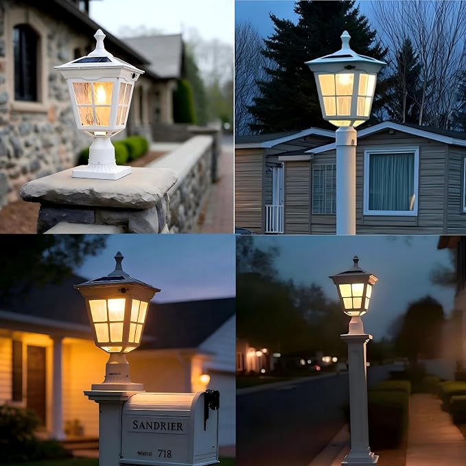 Cast Aluminum Solar Post Light Waterproof LED with Glass Outdoor Dusk to Dawn Pillar Lights ST4311AQ for Pier Mount Pillar Gates Garden Pole Column Yard Path Driveway (White, Lamp)
