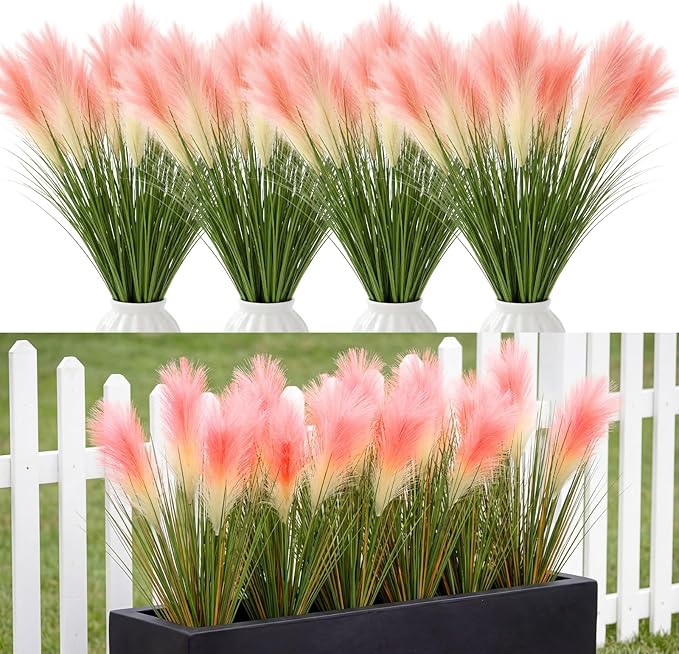 Jexine 15 Pcs Artificial Pampas Grass 31.5" Pink Gradient Faux Pampas Stems with 3 Plumes Each, Fake Plant for Wedding Arch, Aisle Decor, Bridal Shower, Floor Vase Boho Home Decor