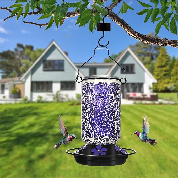 Glass Hummingbird Feeder,Purple Hummingbird Feeders for Outdoors Hanging, 19 Ounces, Mosaic Bottle Easy to Clean, 5 Feeding Ports, Ant Moat Included